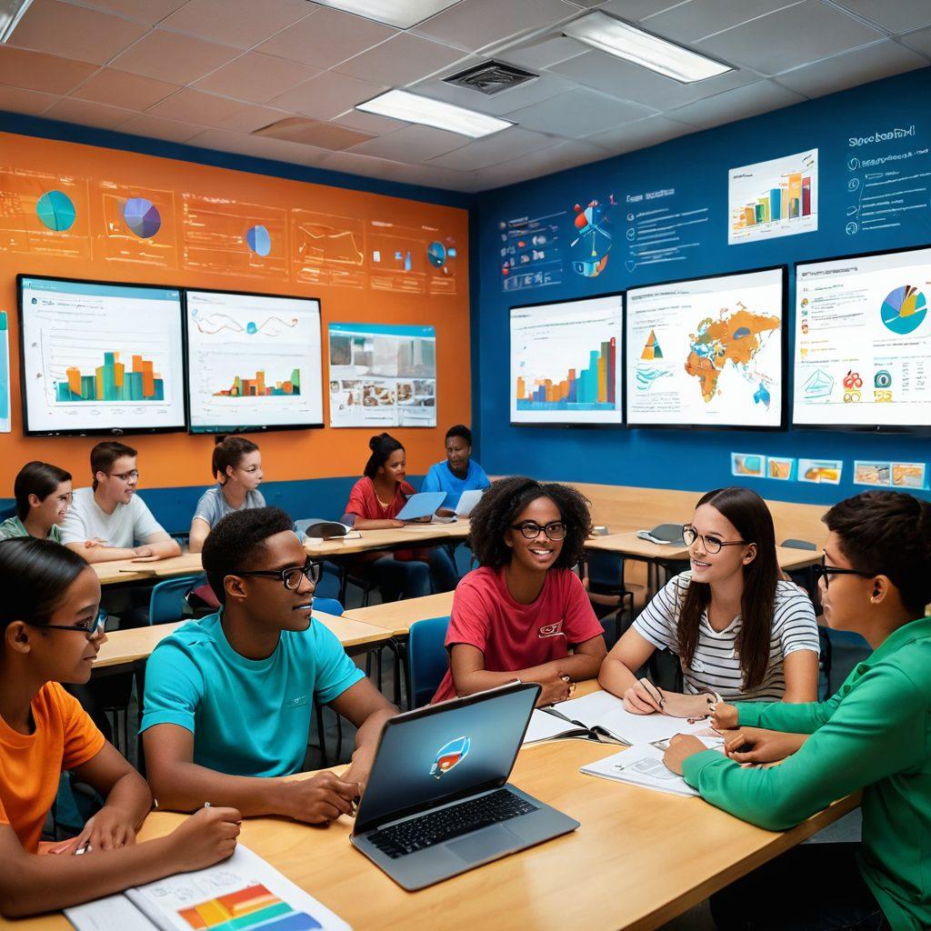 A diverse group of students engaging in a collaborative virtual classroom, surrounded by floating digital resources like books and educational tools. The atmosphere is vibrant and inviting, with colorful charts and infographics displayed on screens. Incorporate elements of technology, like laptops and tablets, and show students of different ages and backgrounds interacting positively. Super-realistic. Vibrant colors. Techy aesthetic.