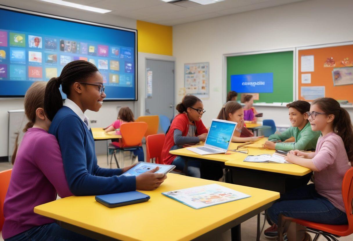 A vibrant virtual classroom scene showcasing diverse learners using various assistive technologies, such as screen readers, speech-to-text tools, and adaptive seating. Include a mix of students with different abilities engaging with interactive digital resources on colorful screens, while a friendly teacher guides them with enthusiasm. The overall atmosphere should be warm and inviting, symbolizing inclusivity and accessibility in education. super-realistic. bright colors. modern design.