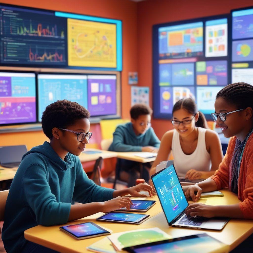 A vibrant digital classroom scene showcasing diverse students engaging with laptops and tablets, surrounded by colorful learning resources like books and educational posters. Include a supportive teacher helping a student, with a background of a virtual learning interface displaying graphs and videos. Emphasize a sense of community and collaboration. bright colors. digital art. modern style.